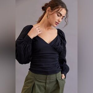 Anthropologie Sweetheart Romantic Smocked Cropped Puff Sleeve Top Black Size S